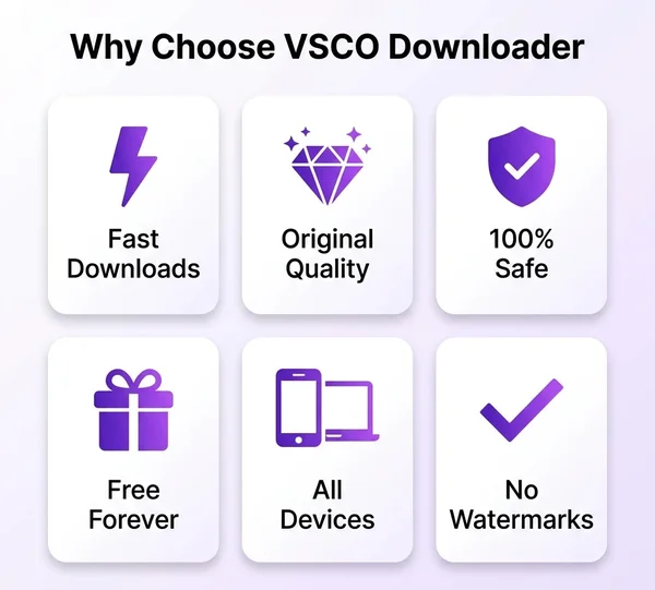 VSCO Downloader features - lightning fast, original quality, safe and secure, free forever, all devices, no watermarks